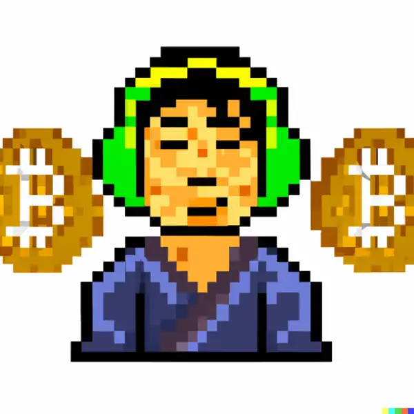 Une personne japonaise avec des écouteurs et un Bitcoin, Pixel Art