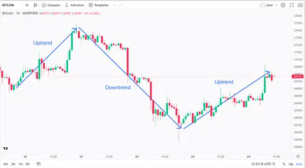 Trends and Bitcoin One-Hour Price Action Chart (source: Morpher.com)