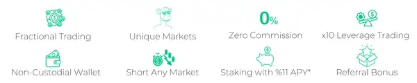 Key Features of Morpher Trading App: Fractional trading, zero commission trading, leverage trading, staking, referral bonus, short any market. 