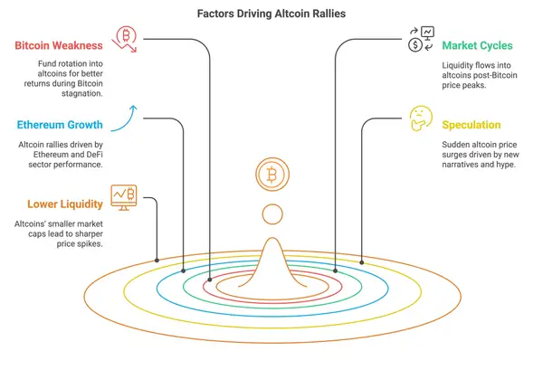 Factores que impulsan los rallys de altcoins: Menor liquidez, Crecimiento de Ethereum, Debilidad de Bitcoin, Ciclos de mercado, Especulación