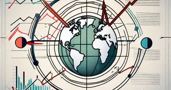 A dynamic stock market graph with arrows and symbols representing buying and selling