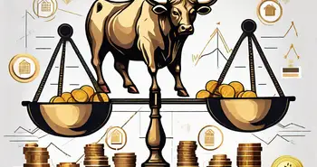 A balanced scale with gold coins on one side and a variety of financial market symbols like stocks