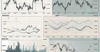 Varios gráficos financieros con líneas fluctuantes y diferentes indicadores de volatilidad como las bandas de Bollinger