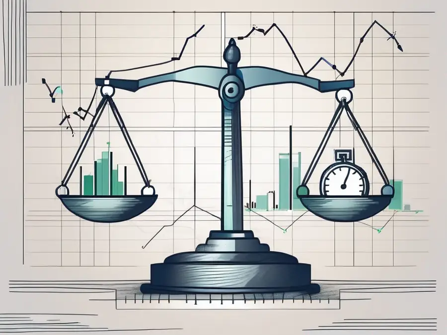 Eine ausgewogene Waage mit Börsengraphen auf der einen Seite und einem Indexmaßstab auf der anderen