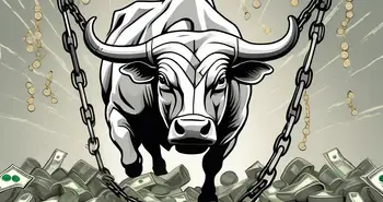 Un toro poderoso (símbolo del mercado de valores) rompiendo una barrera hecha de cadenas y candados (símbolo de limitaciones)