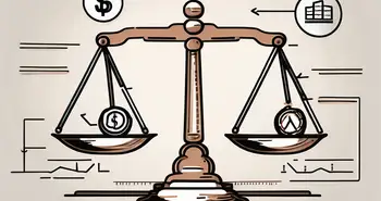 A balance scale with different financial symbols (like currency