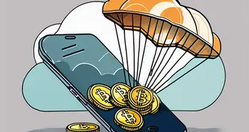 Un parachute numérique larguant des cryptomonnaies depuis un nuage dans un portefeuille numérique.