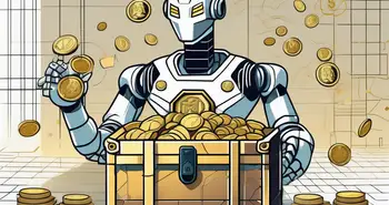 Un robot futuriste déverrouillant un coffre au trésor rempli de symboles de profit tels que des pièces d'or et des billets de dollar