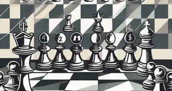 A chess board with various financial symbols like dollar signs