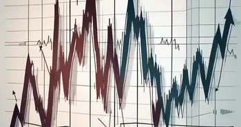 A dynamic stock market chart with arrows indicating dramatic upturns and downturns