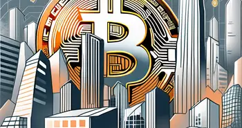 Un símbolo de bitcoin transformándose en una ciudad futurista.