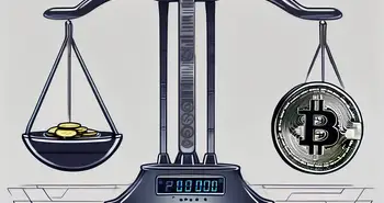 A digital scale balancing traditional currency on one side and cryptocurrency symbols on the other