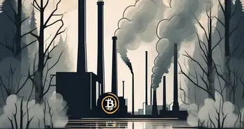 Un símbolo de bitcoin dentro de una fábrica con chimeneas emitiendo humo oscuro