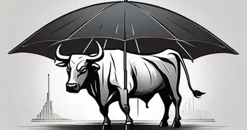 A bull (symbolizing the bullish market) sheltered under a large umbrella (representing the covered call)