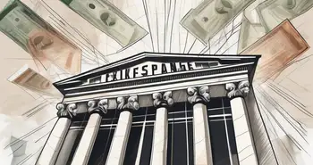 A stock exchange building with a symbolic representation of newly issued stock certificates flying out of it