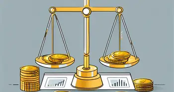 Eine ausgewogene Waage mit verschiedenen Finanzdiagrammen und -graphen auf der einen Seite und einem Stapel Goldmünzen auf der anderen Seite