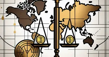 A balanced scale with gold coins on one side and various trading symbols (like a bull