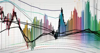 A dynamic stock market chart with an overlay of multicolored ema (exponential moving average) ribbon lines