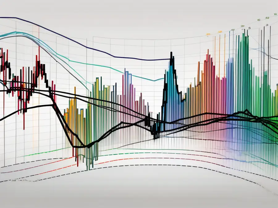 Un graphique dynamique du marché boursier avec un superposition de lignes de ruban EMA (moyenne mobile exponentielle) multicolores