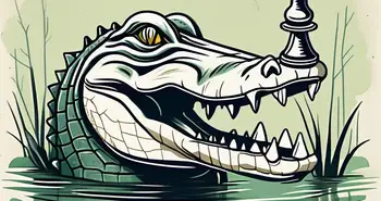 An alligator emerging from a swamp with a chess piece in its jaws