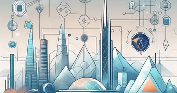 A futuristic digital landscape with various symbolic icons representing different sectors such as finance