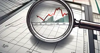 A magnifying glass hovering over a stock market chart