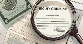 A magnifying glass hovering over a stock certificate and a padlock