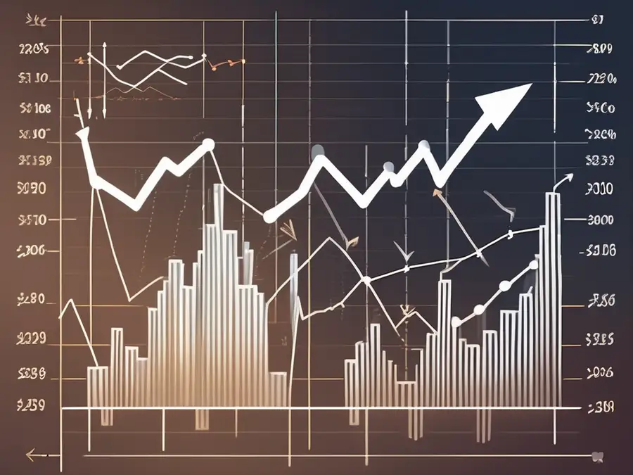 A dynamic stock market chart with various trading symbols and arrows