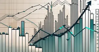 A stylized stock market graph with prominent upward and downward trends