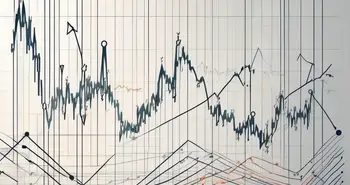 A dynamic stock market chart with various fluctuating lines and arrows