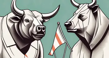 A bull and a bear holding pennant flags