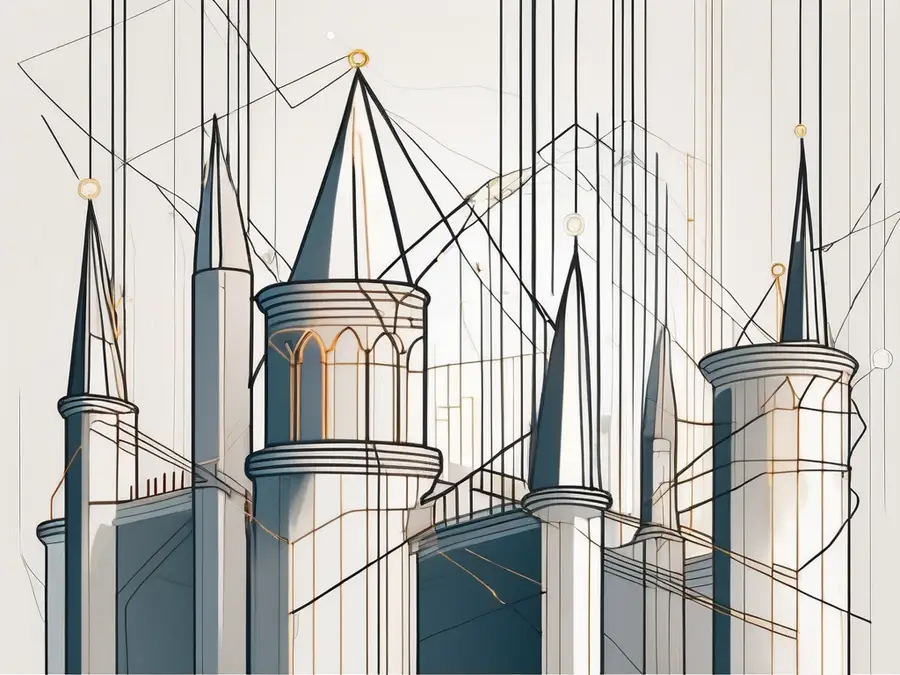 Ancient byzantine towers connected by a network of glowing lines