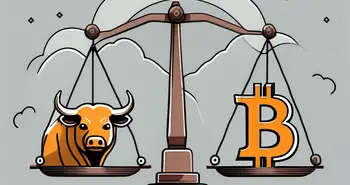 Eine ausgewogene Waage mit einem Bitcoin-Symbol auf der einen Seite und einem Bullen- und Bären-Icon auf der anderen Seite