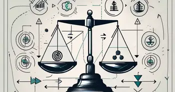 A balanced scale with various financial symbols on one side and mathematical symbols on the other