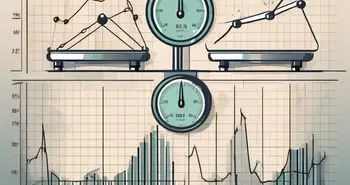 A dynamic stock market chart with various trading indicators and a pair of scales