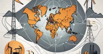 Un mapa global con iconos simbólicos de varios productos energéticos como barriles de petróleo