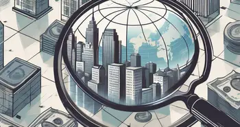 A magnifying glass hovering over a globe focused on the financial district of a city