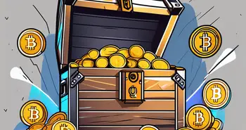 A cryptocurrency mining rig with digital coins flowing out from it into a treasure chest