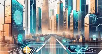 A futuristic cityscape with cryptocurrency symbols and ai robotic elements intertwined