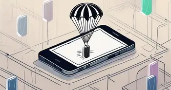 Ein Smartphone mit einem Fallschirm (symbolisiert einen Airdrop) über einer Falle