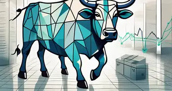 A bull made of various financial symbols like stock market graphs and dollar signs