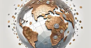 A globe encrusted with various types of coins