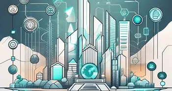 Un paisaje digital futurista con varios íconos simbólicos que representan elementos de inversión tradicionales (como acciones