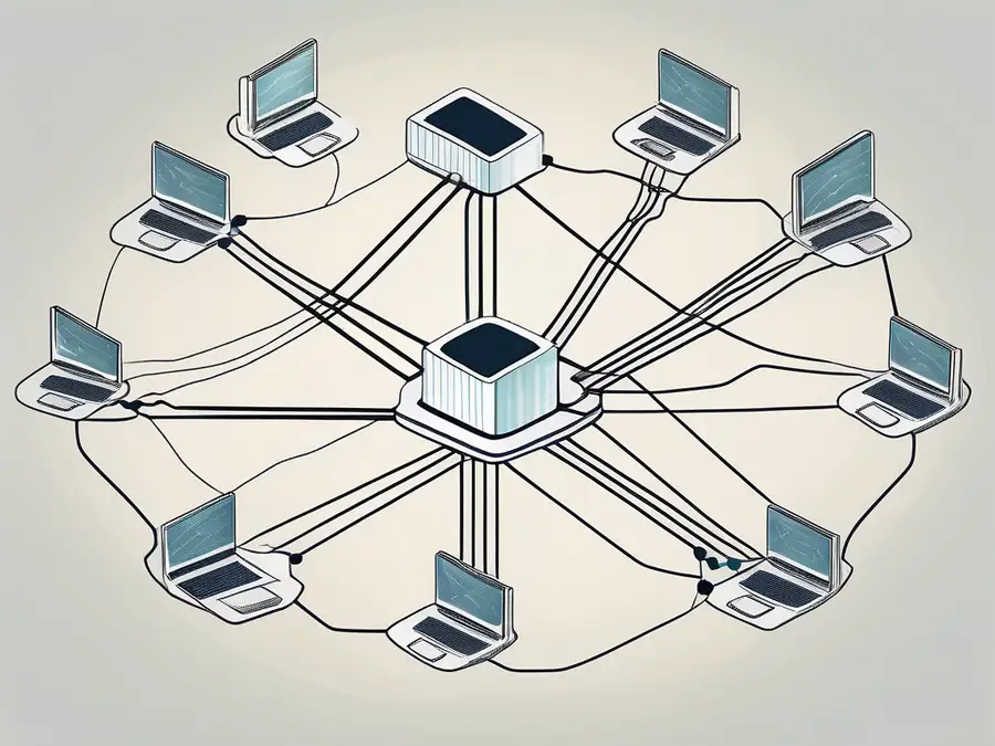 Divers nœuds connectés représentant des ordinateurs dans un réseau p2p (pair-à-pair)