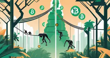 A digital jungle with various symbolic cryptocurrencies like bitcoin and ethereum represented as different types of apes swinging from tree to tree