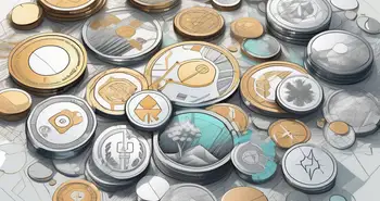 Un paisaje digital con varios tokens simbólicos (como monedas o llaves) dispersos por doquier