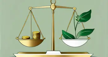 Une balance équilibrée avec des plantes vertes d'un côté et des pièces d'or de l'autre