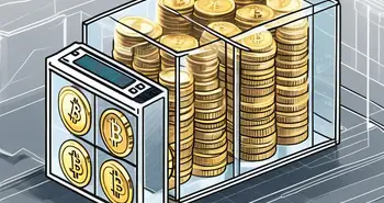 Una bóveda digital llena de monedas de criptomonedas brillantes y un libro mayor transparente que muestra datos de transacciones