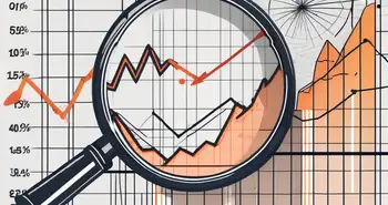 An upward-trending stock chart intertwined with a magnifying glass focusing on a highlighted section that represents short interest