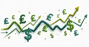 An abstract representation of currency symbols intertwined with fluctuating graphs and arrows